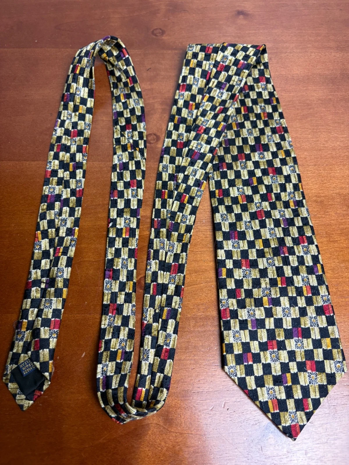 Richel Handmade In Spain Silk Tie Geometric Check Floral Gold Black Red – photo 3