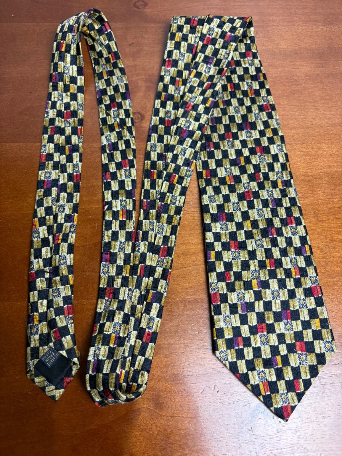 Richel Handmade In Spain Silk Tie Geometric Check Floral Gold Black Red – photo 5