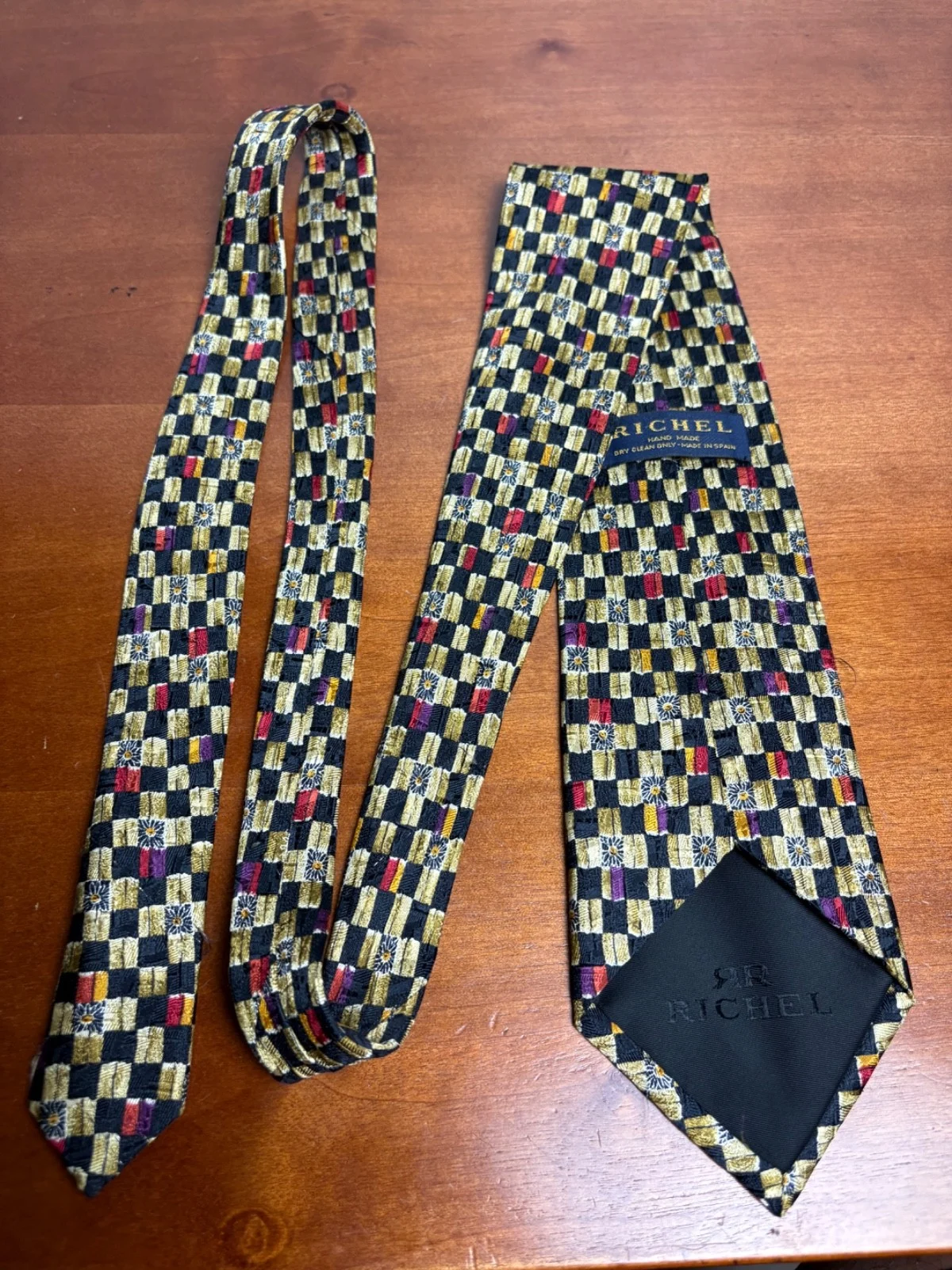 Richel Handmade In Spain Silk Tie Geometric Check Floral Gold Black Red – photo 6