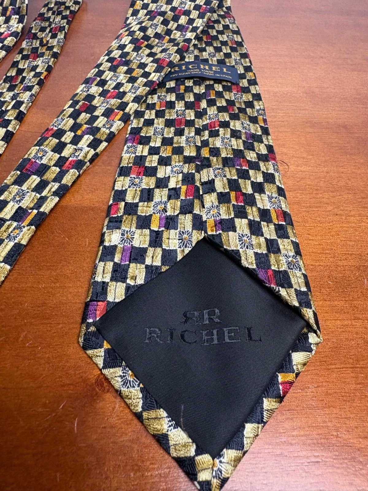 Richel Handmade In Spain Silk Tie Geometric Check Floral Gold Black Red – photo 7