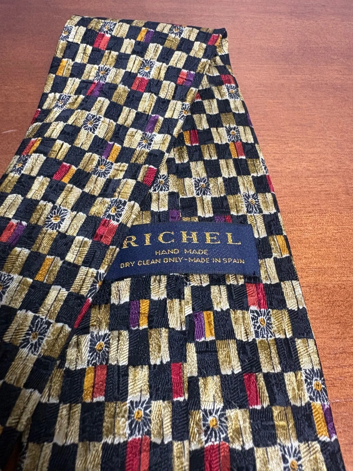 Richel Handmade In Spain Silk Tie Geometric Check Floral Gold Black Red – photo 8