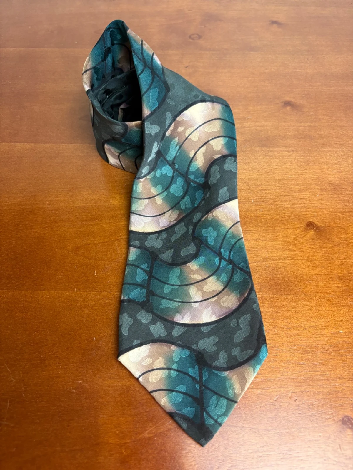 Robert Daskal Hand Painted 100% Silk Tie Abstract Teal Gold Geometric