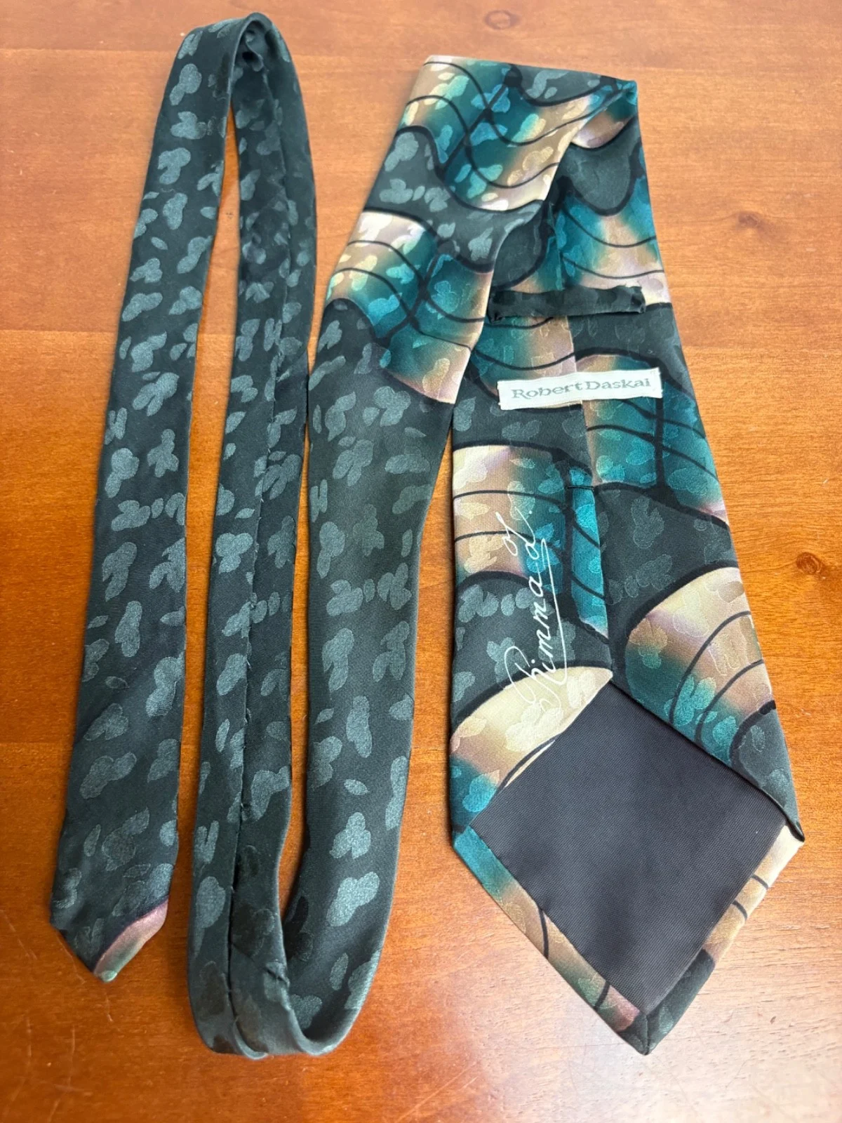 Robert Daskal Hand Painted 100% Silk Tie Abstract Teal Gold Geometric – photo 11