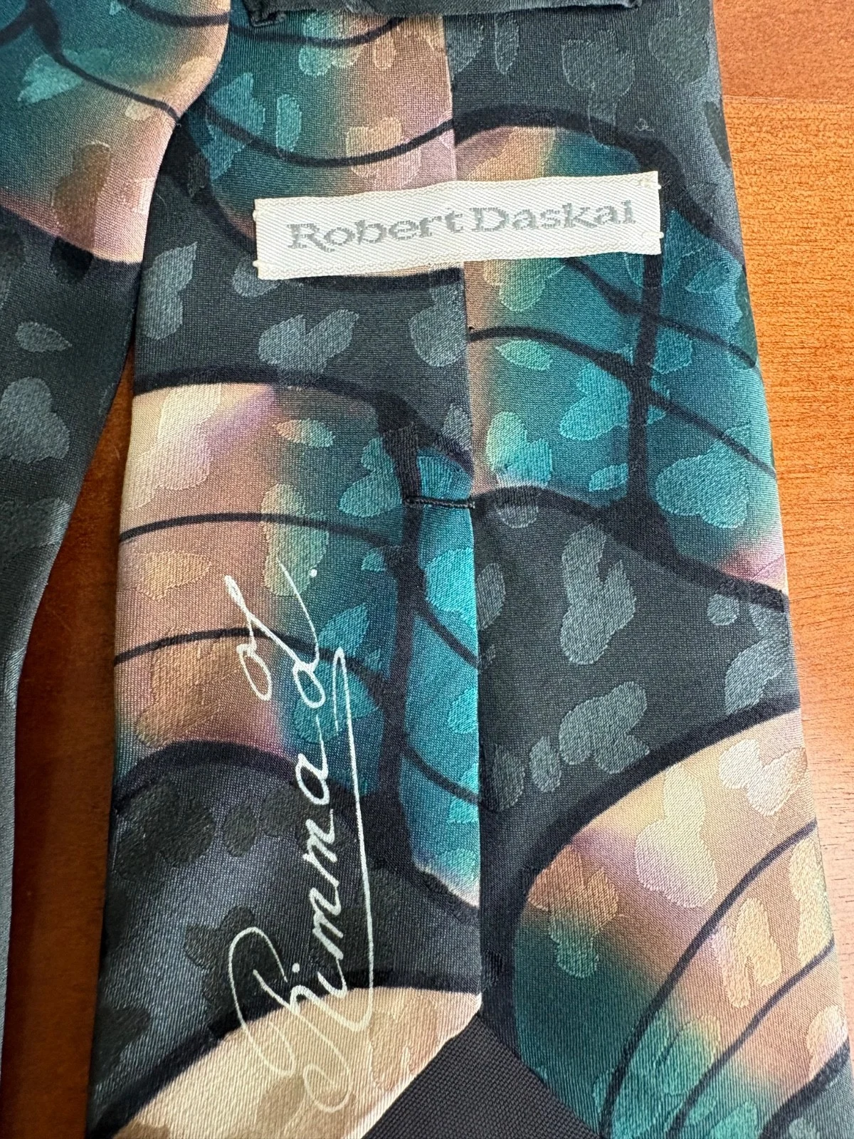 Robert Daskal Hand Painted 100% Silk Tie Abstract Teal Gold Geometric – photo 12