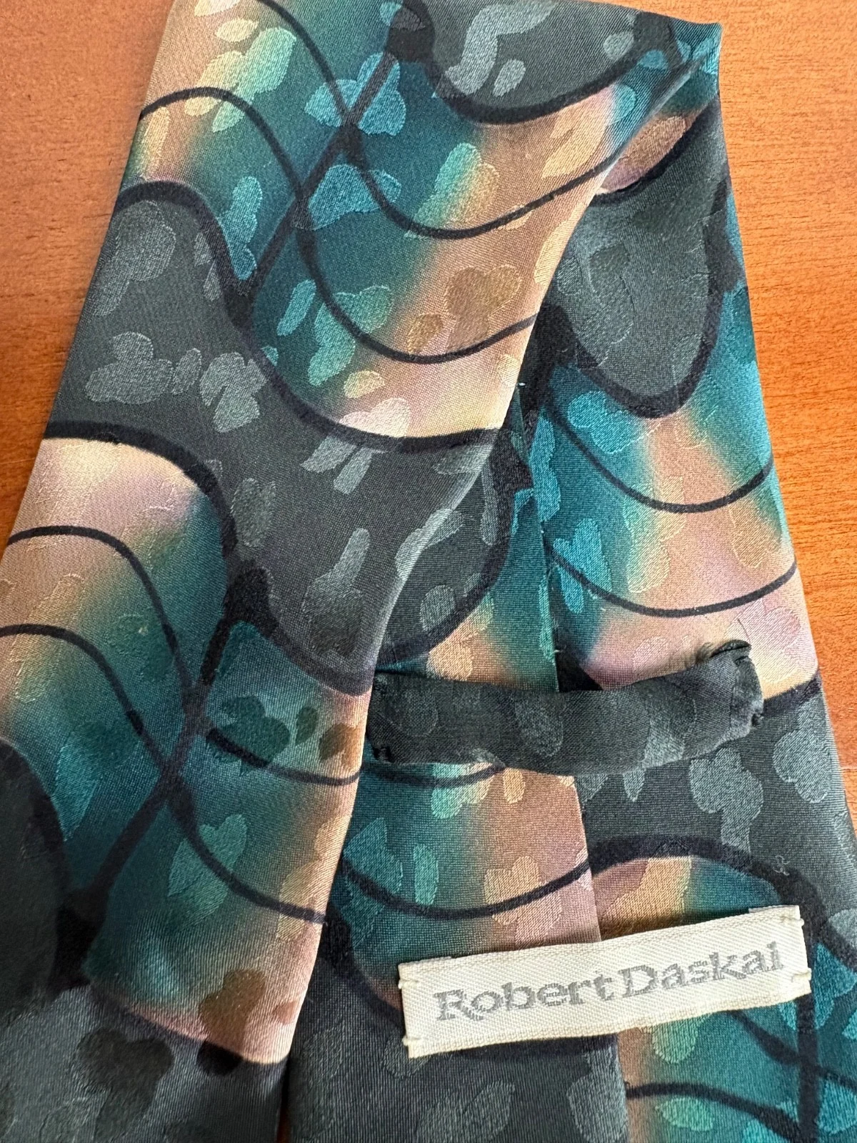 Robert Daskal Hand Painted 100% Silk Tie Abstract Teal Gold Geometric – photo 13