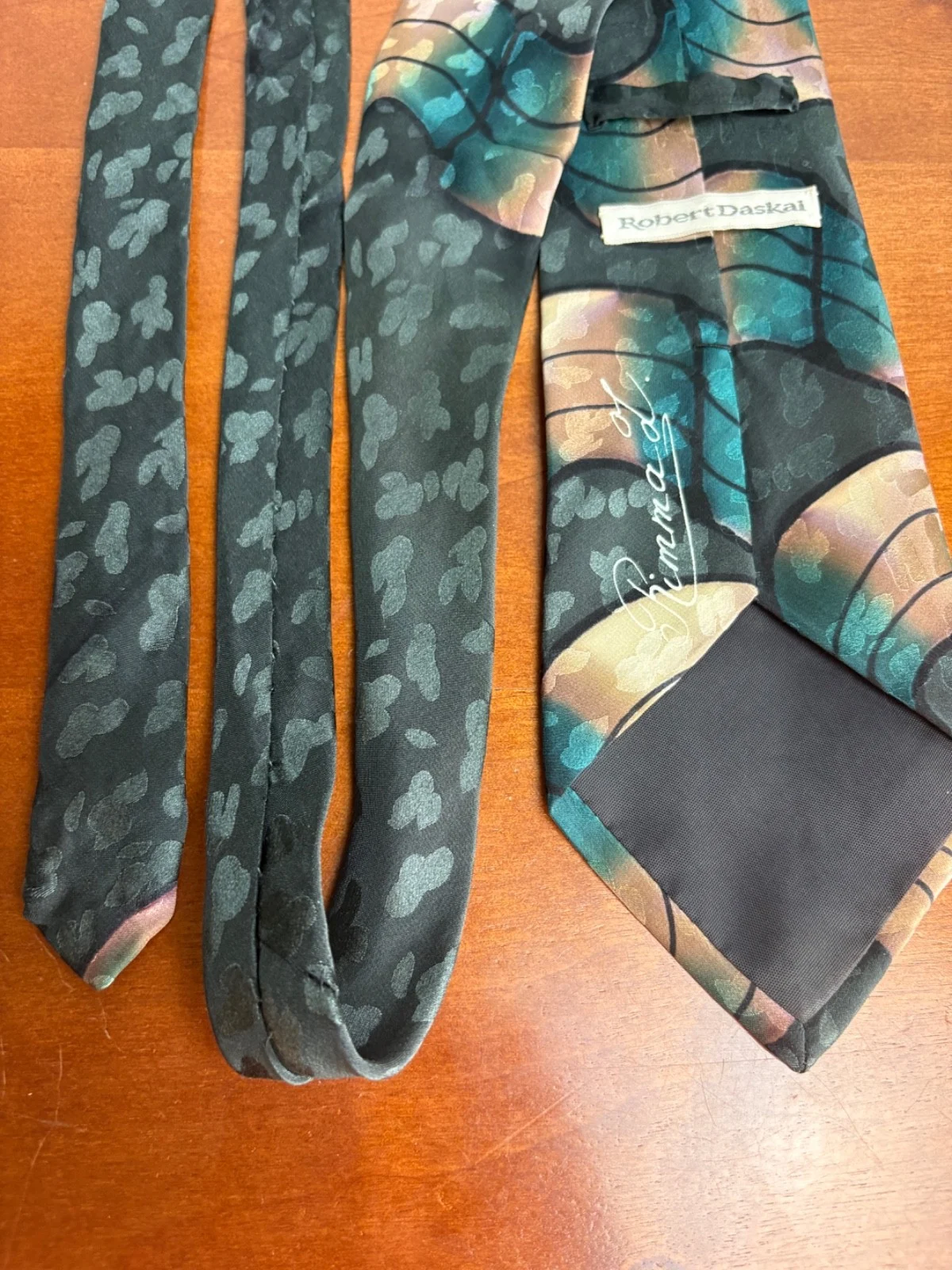 Robert Daskal Hand Painted 100% Silk Tie Abstract Teal Gold Geometric – photo 15