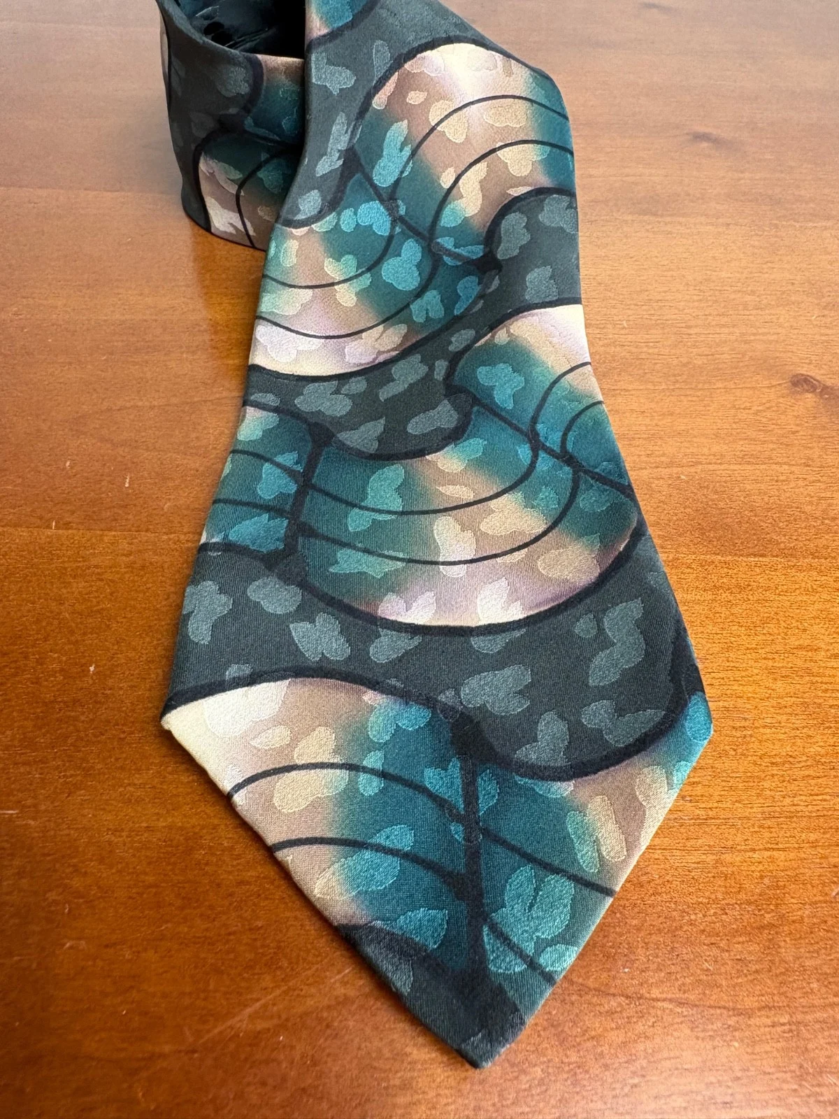 Robert Daskal Hand Painted 100% Silk Tie Abstract Teal Gold Geometric – photo 2