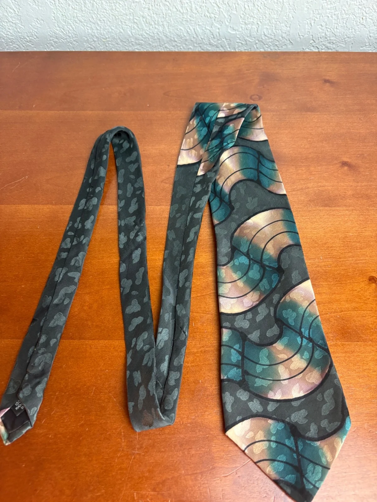 Robert Daskal Hand Painted 100% Silk Tie Abstract Teal Gold Geometric – photo 4