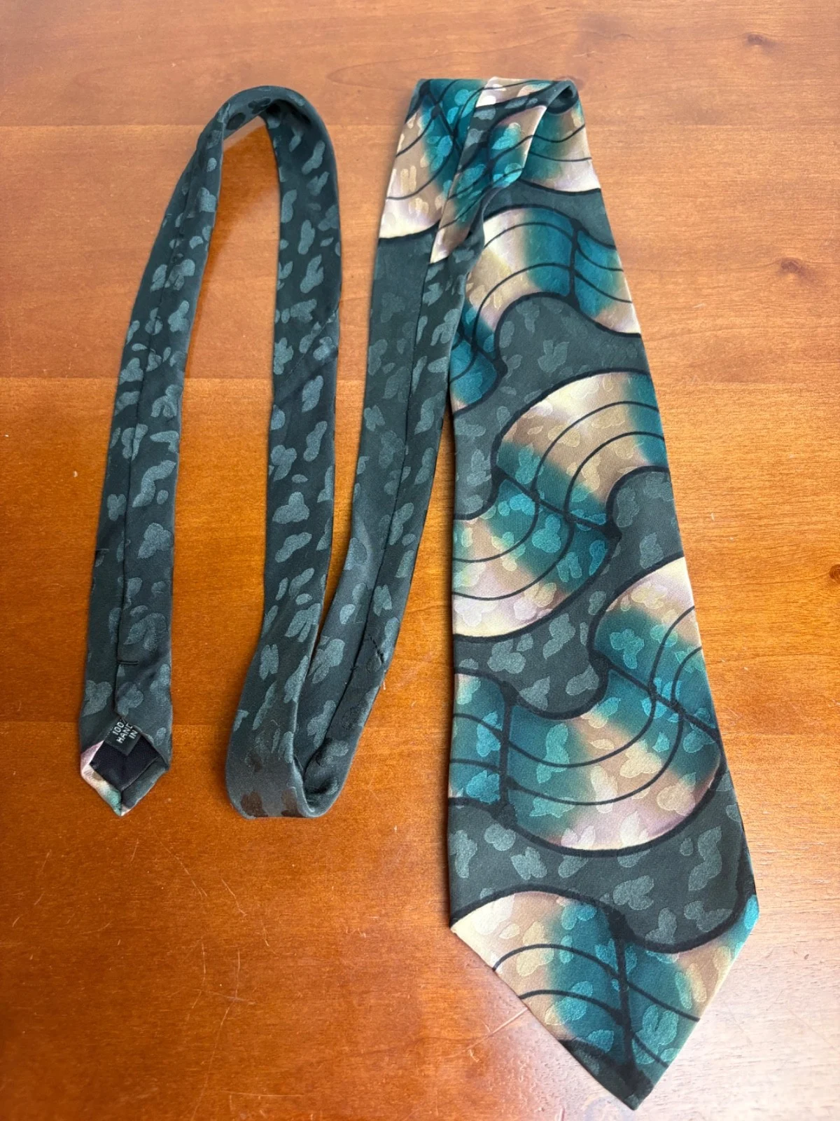 Robert Daskal Hand Painted 100% Silk Tie Abstract Teal Gold Geometric – photo 8