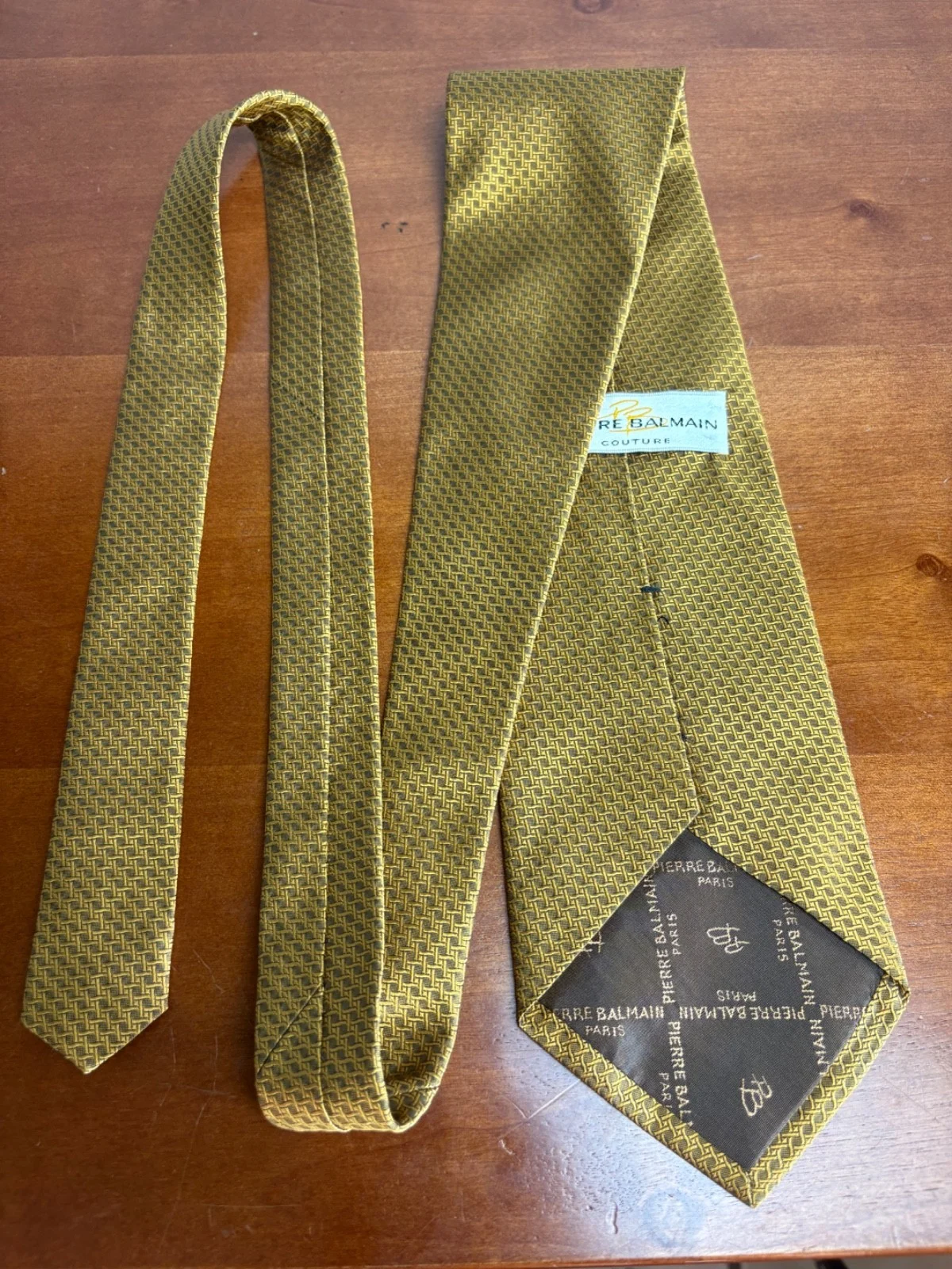 Pierre Balmain Couture Silk Tie Gold Geometric Basketweave Made in USA 4" Wide – photo 7