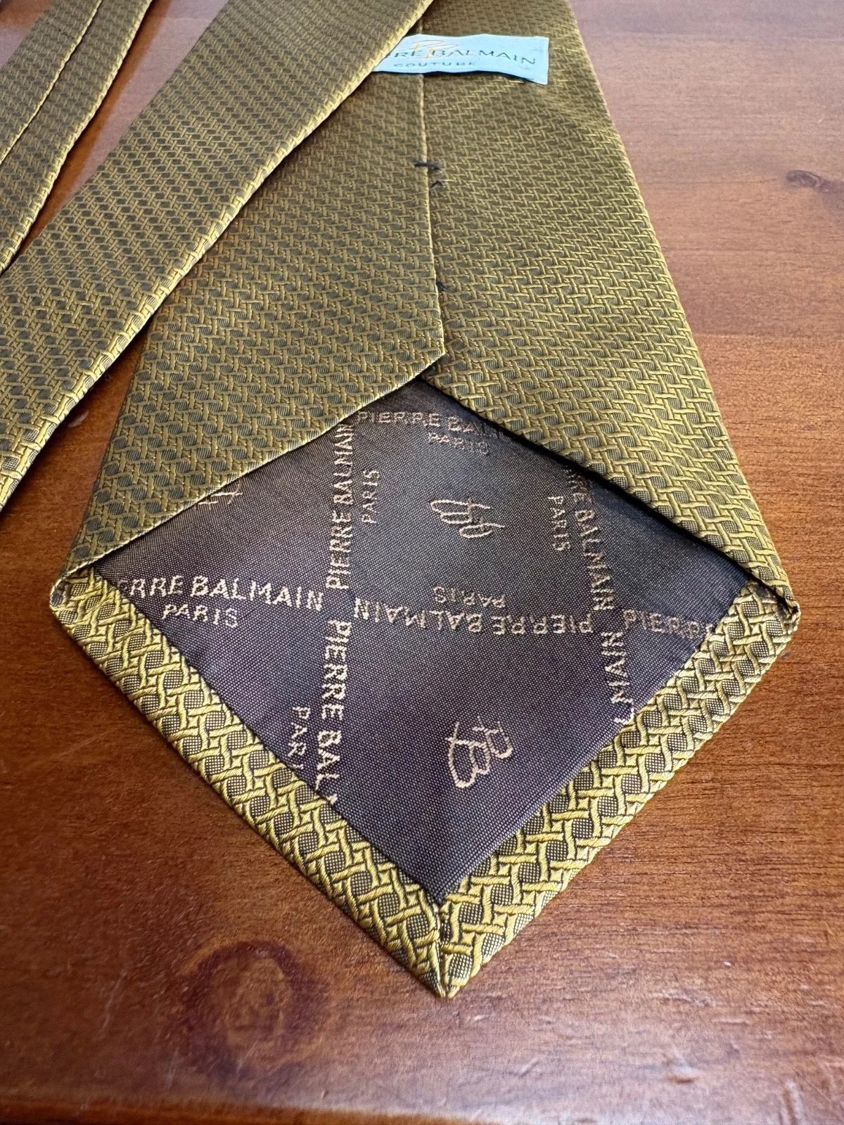 Pierre Balmain Couture Silk Tie Gold Geometric Basketweave Made in USA 4" Wide – photo 8