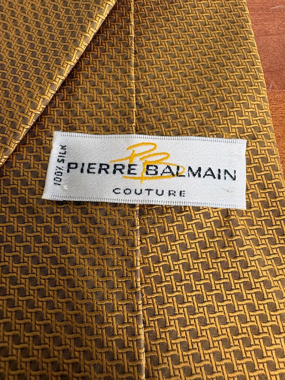 Pierre Balmain Couture Silk Tie Gold Geometric Basketweave Made in USA 4" Wide – photo 9