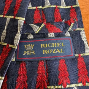 Richel Royal Silk Tie Handmade Spain Navy Blue Red Silver Leaf Pattern – photo 14