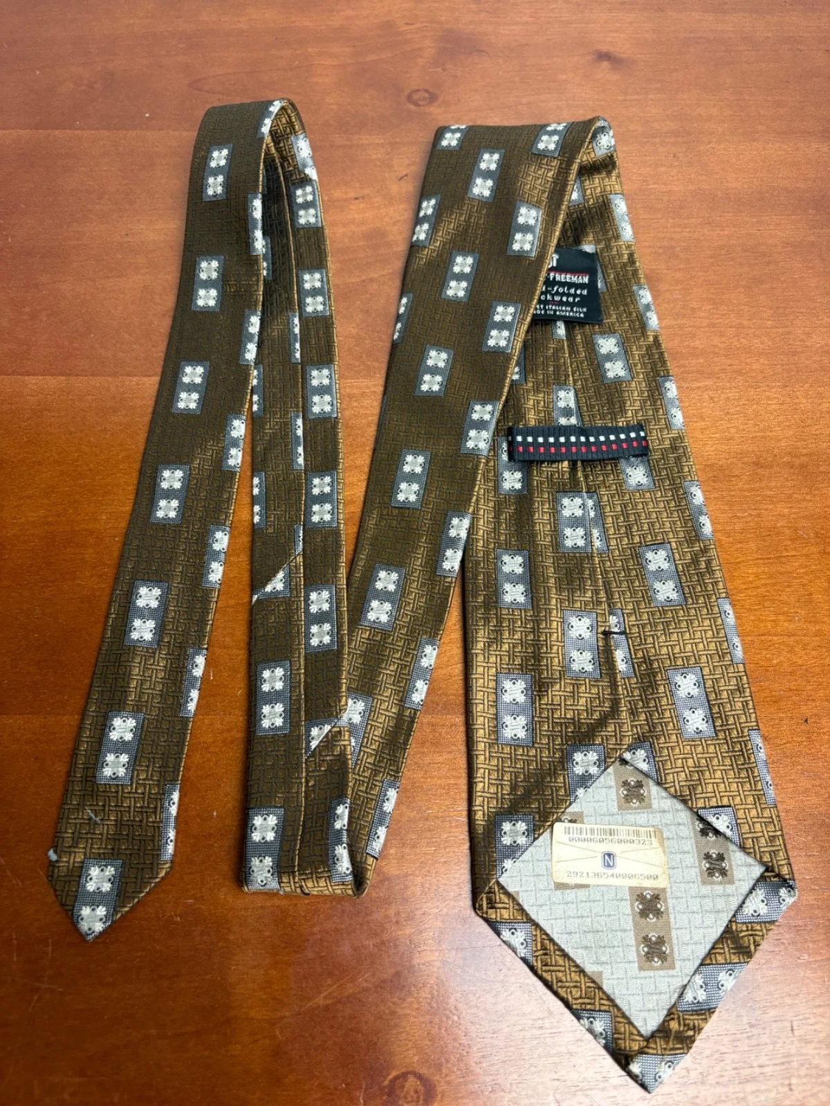 Hickey Freeman Silk Tie Brown Gold Geometric Hand Folded Italian Silk USA – photo 13