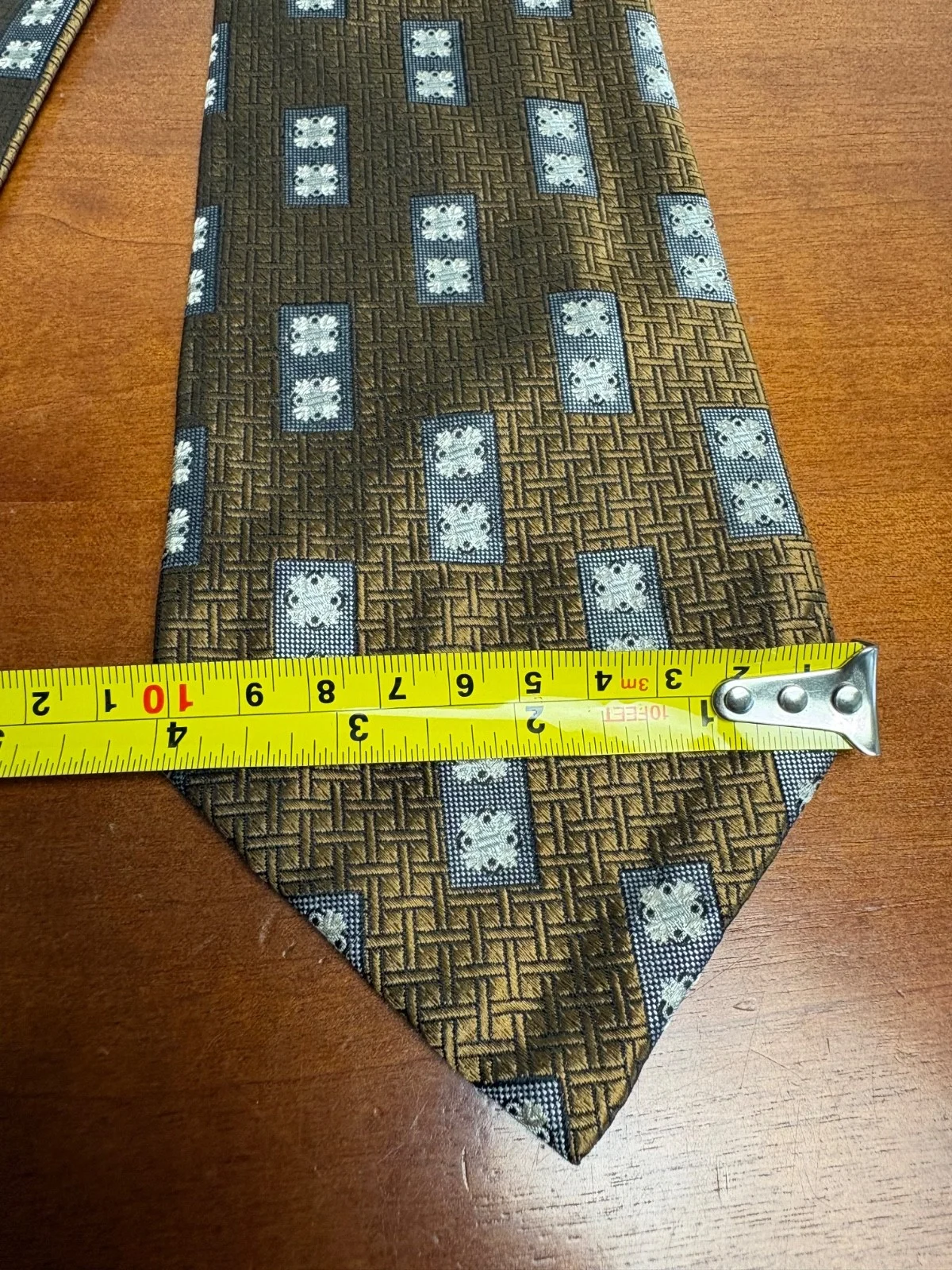 Hickey Freeman Silk Tie Brown Gold Geometric Hand Folded Italian Silk USA – photo 7