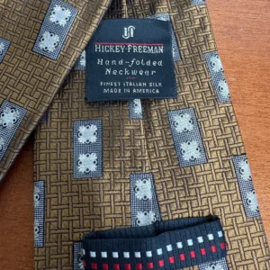 Hickey Freeman Silk Tie Brown Gold Geometric Hand Folded Italian Silk USA – photo 8