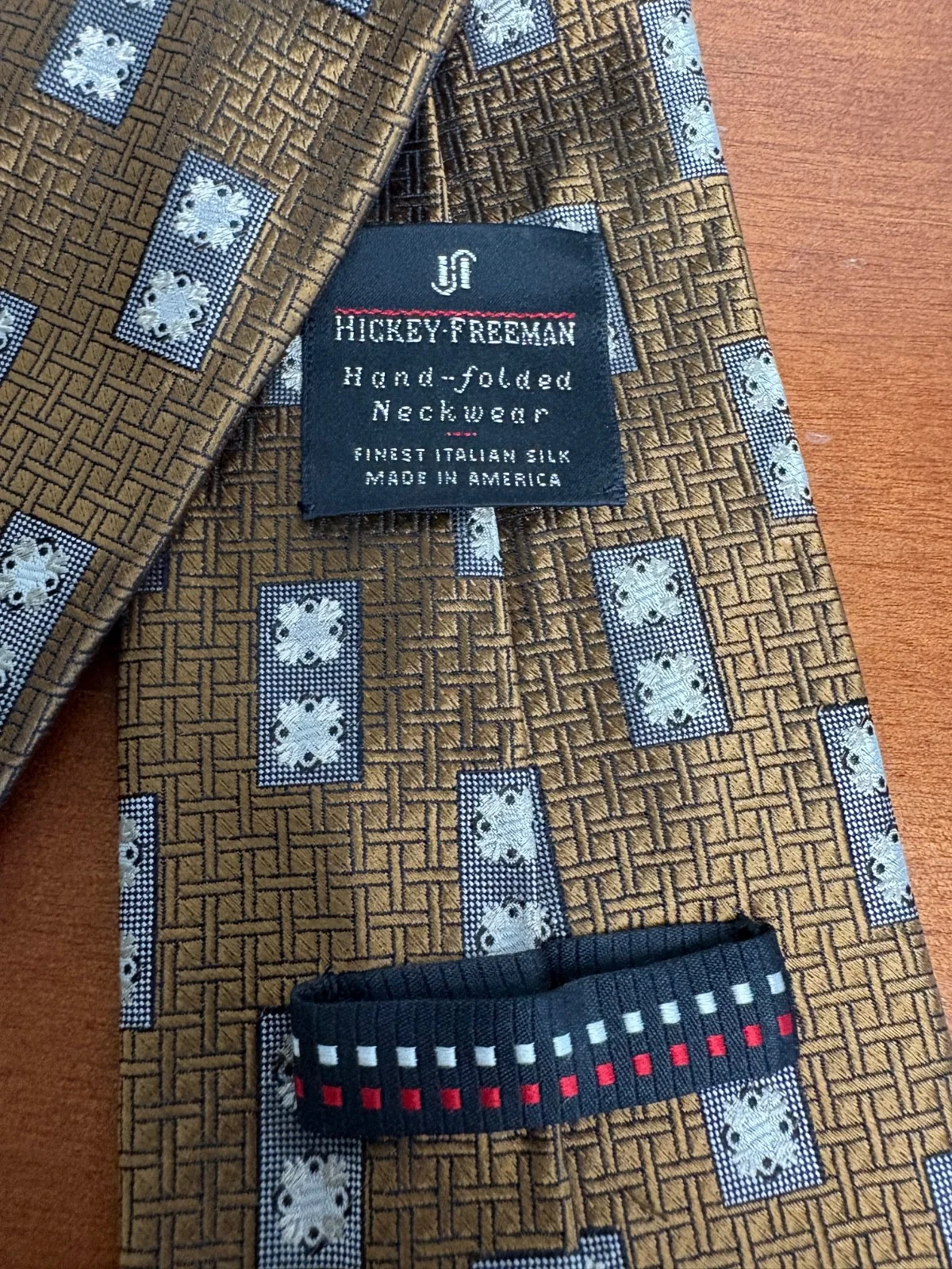 Hickey Freeman Silk Tie Brown Gold Geometric Hand Folded Italian Silk USA – photo 8