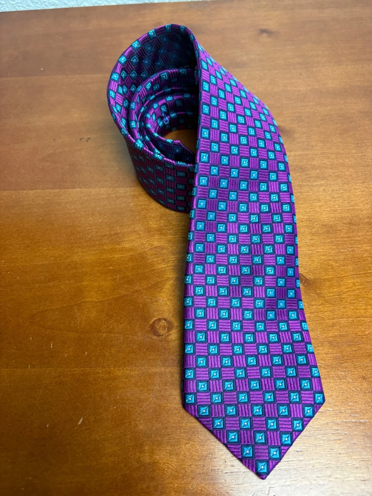 Hickey Freeman Silk Tie Purple Blue Geometric Square Pattern Luxury Men's Tie