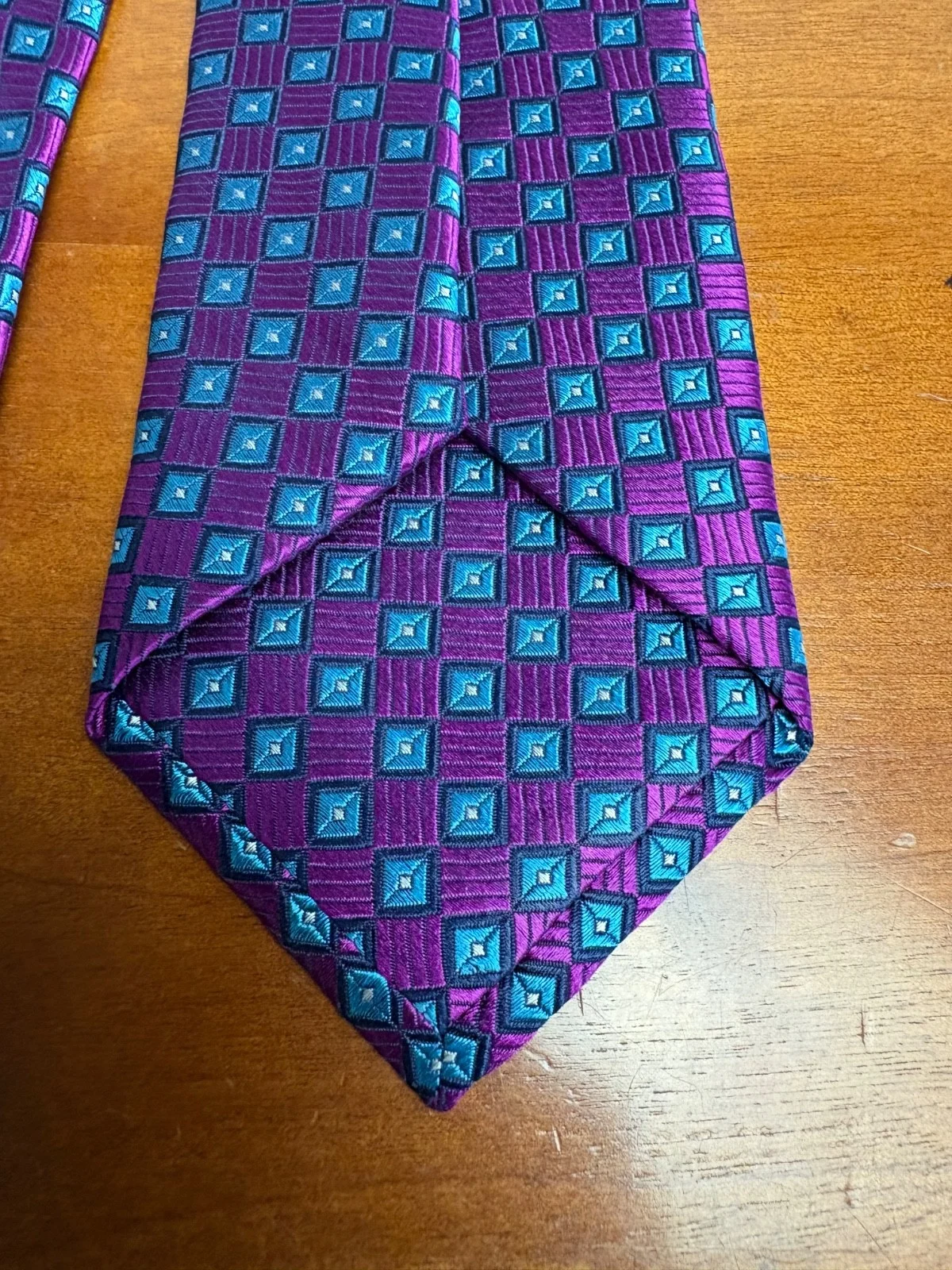 Hickey Freeman Silk Tie Purple Blue Geometric Square Pattern Luxury Men's Tie – photo 10