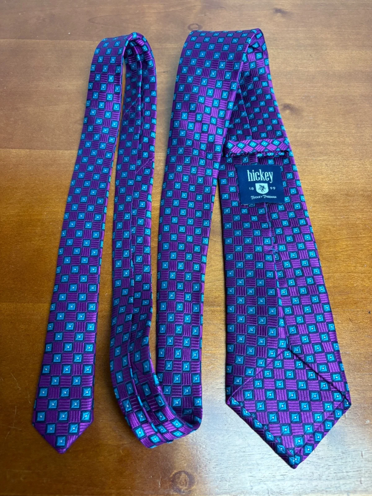 Hickey Freeman Silk Tie Purple Blue Geometric Square Pattern Luxury Men's Tie – photo 11