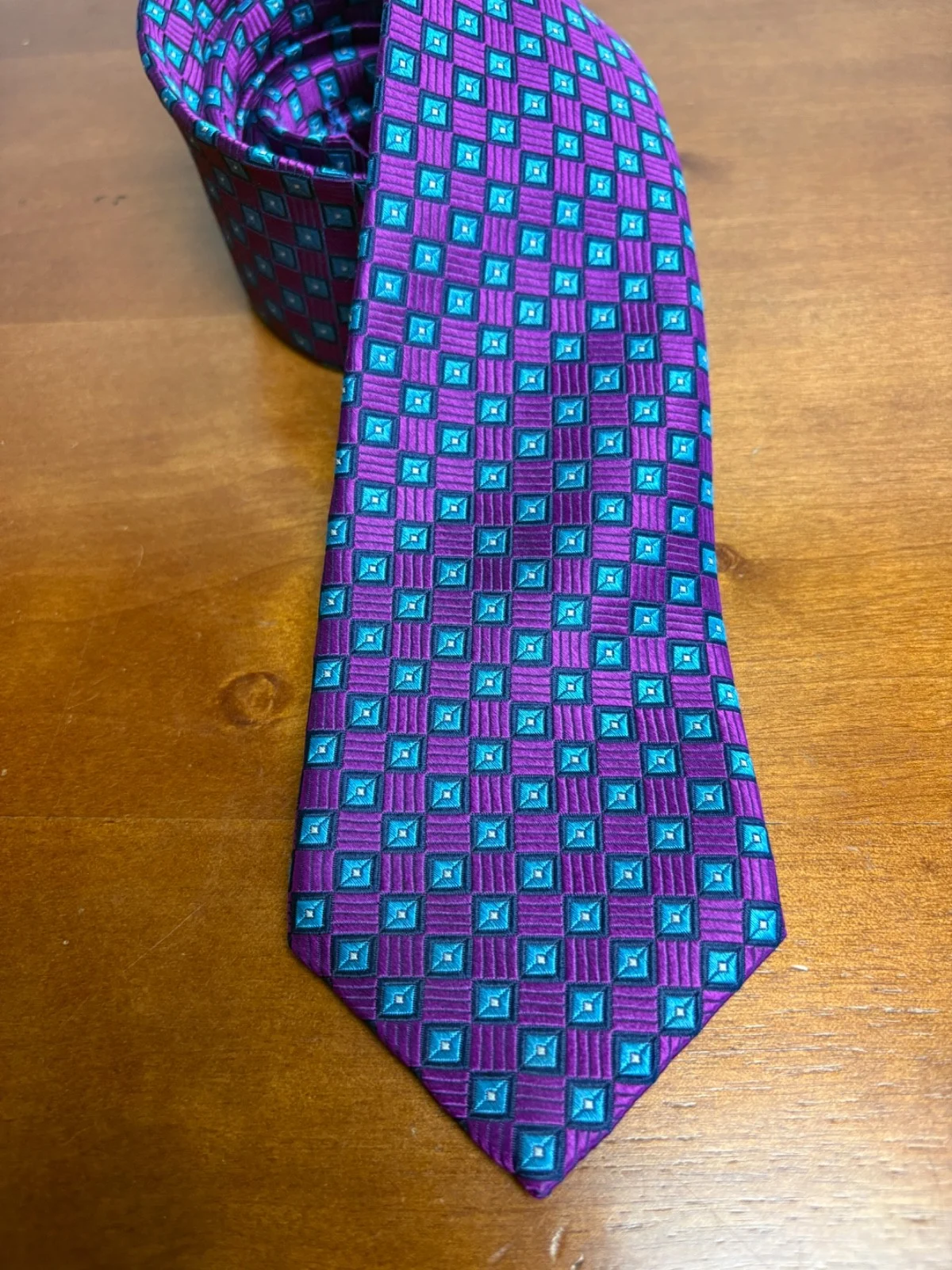 Hickey Freeman Silk Tie Purple Blue Geometric Square Pattern Luxury Men's Tie – photo 2