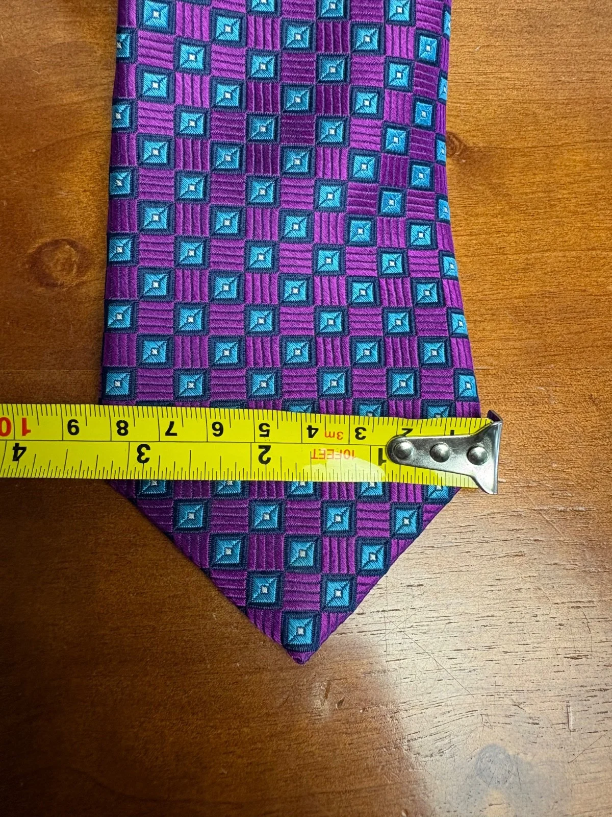 Hickey Freeman Silk Tie Purple Blue Geometric Square Pattern Luxury Men's Tie – photo 3