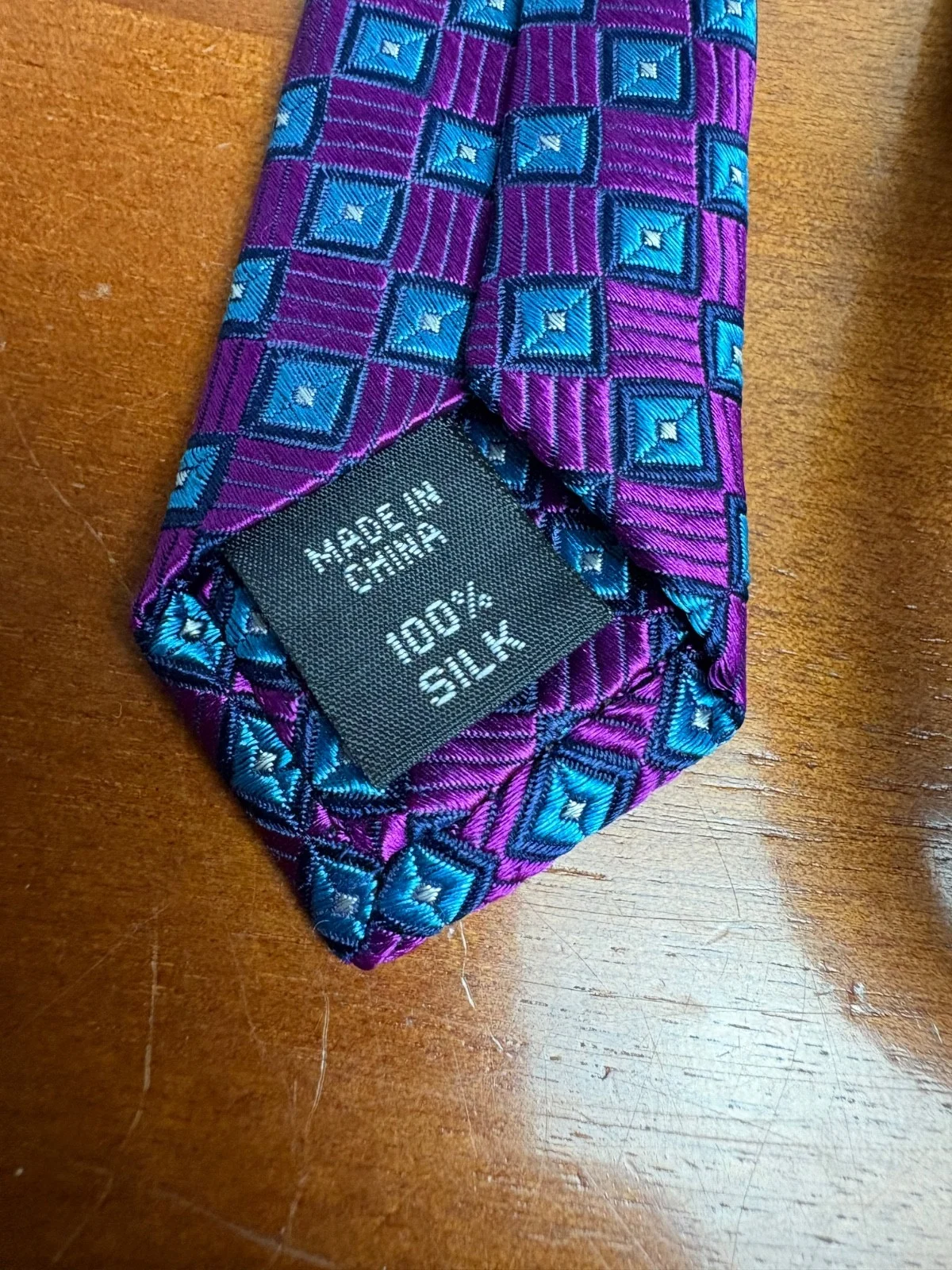 Hickey Freeman Silk Tie Purple Blue Geometric Square Pattern Luxury Men's Tie – photo 4
