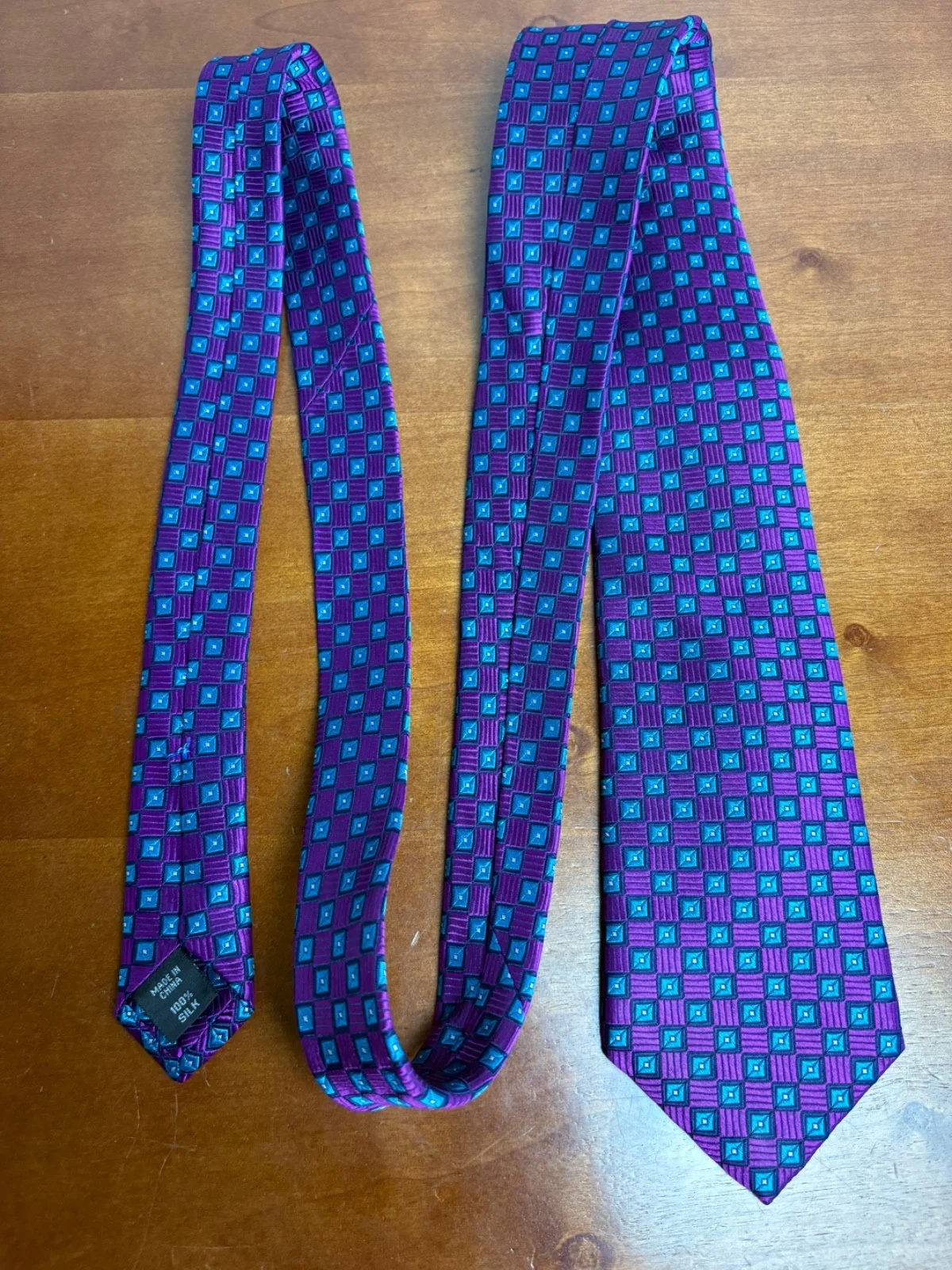 Hickey Freeman Silk Tie Purple Blue Geometric Square Pattern Luxury Men's Tie – photo 5
