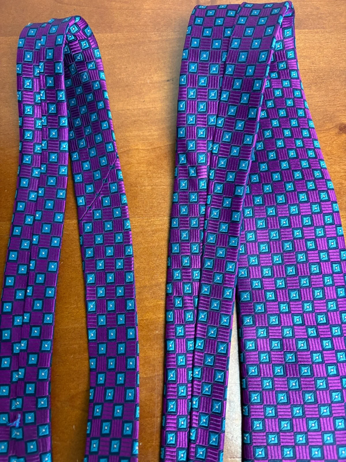 Hickey Freeman Silk Tie Purple Blue Geometric Square Pattern Luxury Men's Tie – photo 6