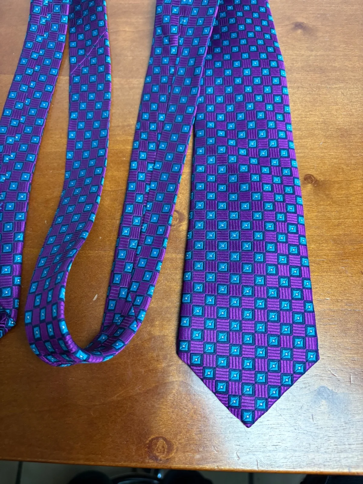 Hickey Freeman Silk Tie Purple Blue Geometric Square Pattern Luxury Men's Tie – photo 7