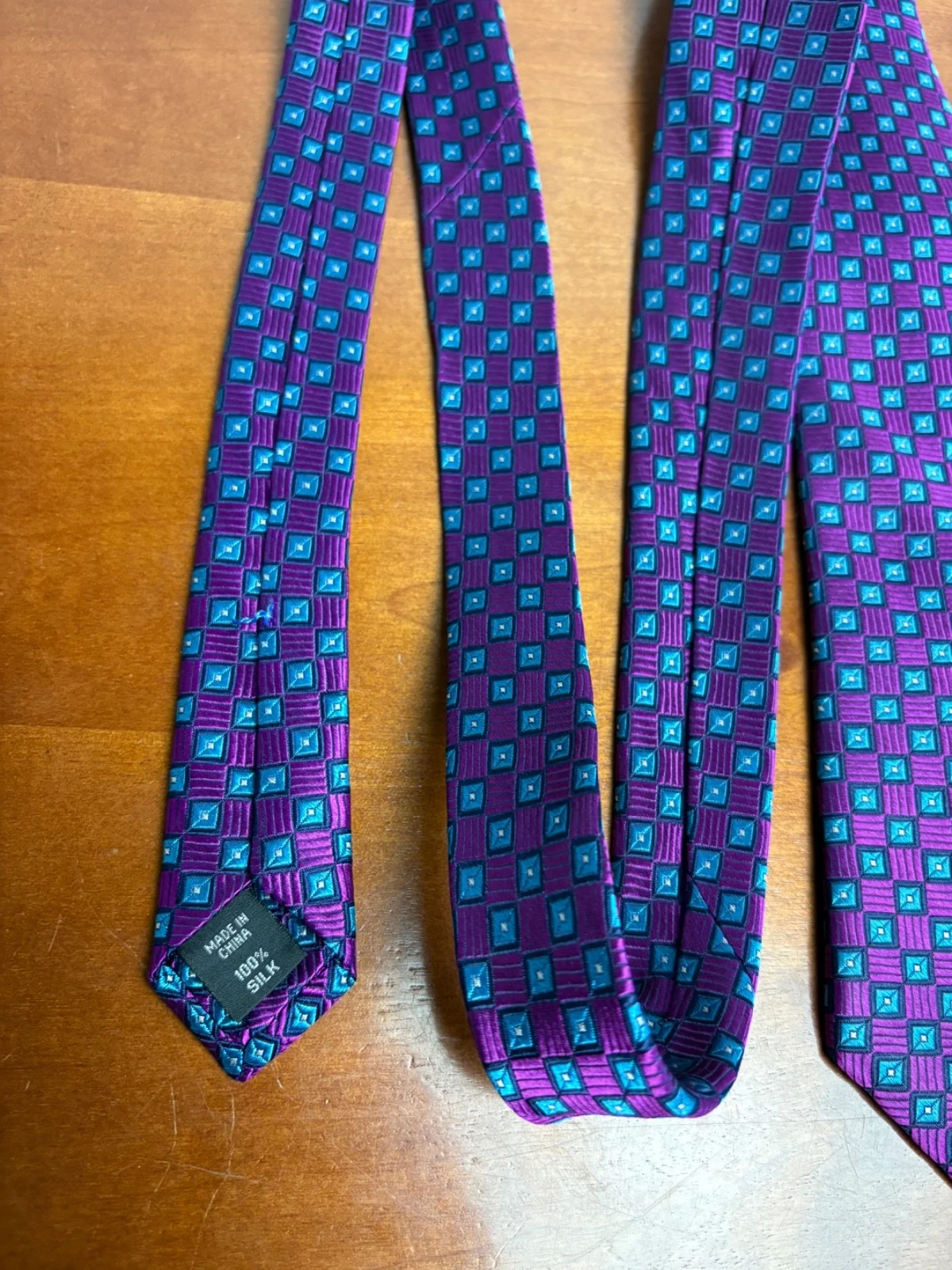 Hickey Freeman Silk Tie Purple Blue Geometric Square Pattern Luxury Men's Tie – photo 8