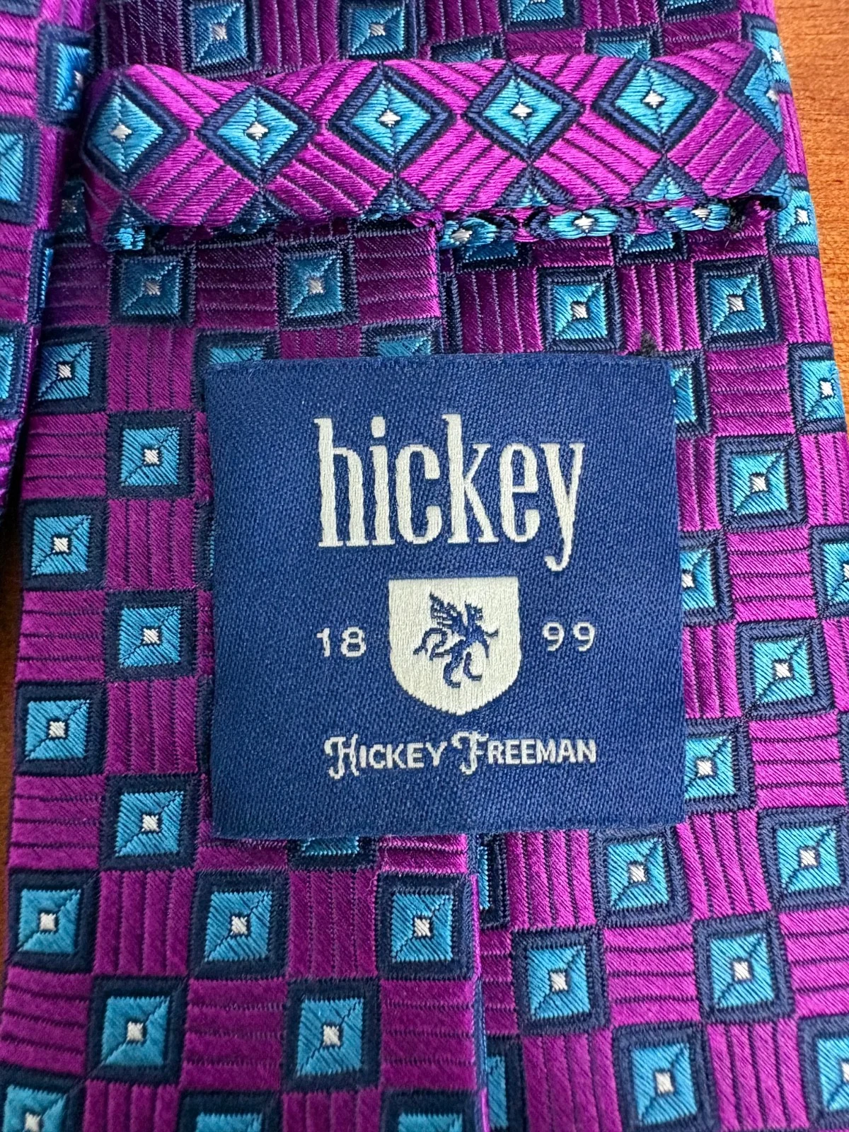 Hickey Freeman Silk Tie Purple Blue Geometric Square Pattern Luxury Men's Tie – photo 9