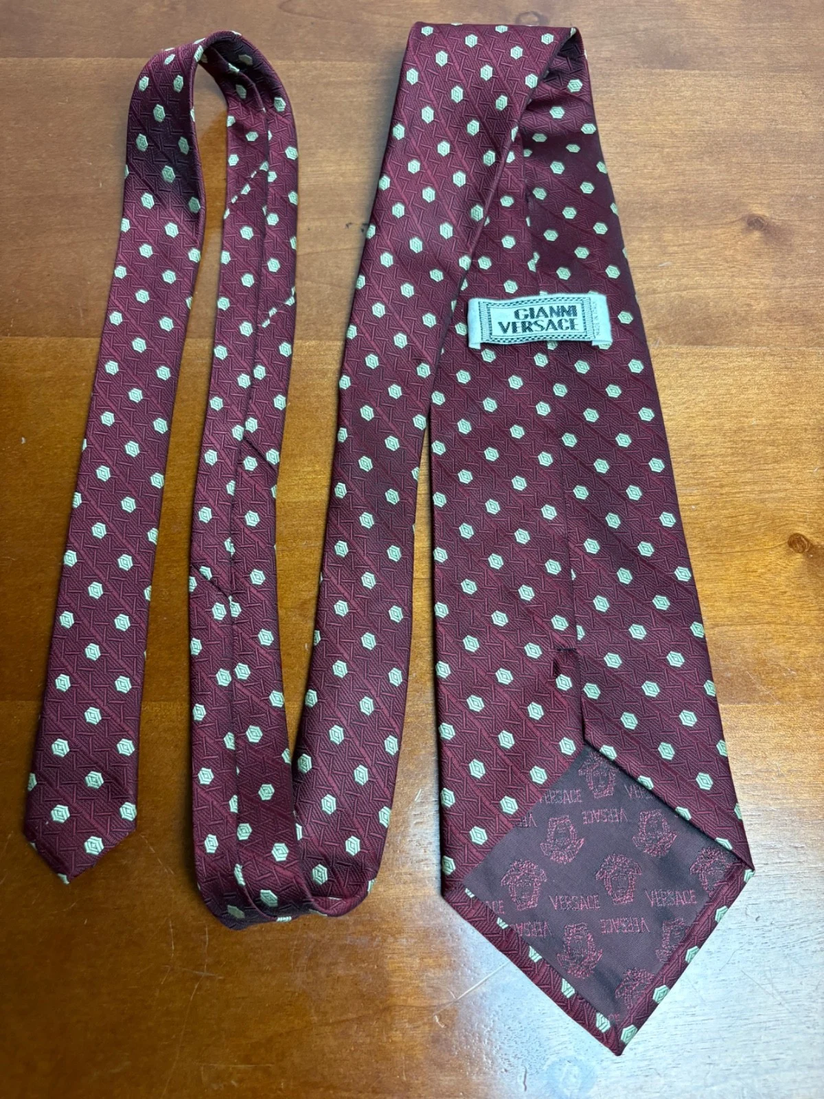 Gianni Versace Silk Tie Burgundy Red Geometric Pattern Made in Italy – photo 14