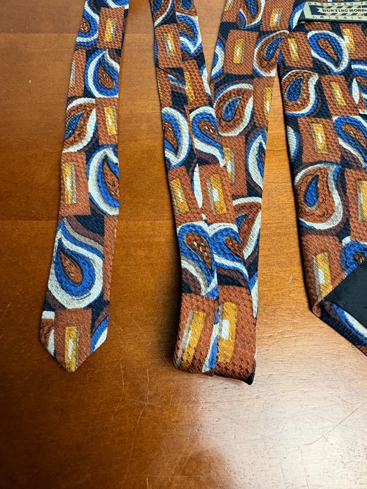 Vintage J. Riggins Hunting Horn Silk Tie Brown Blue Paisley Geometric – photo 11