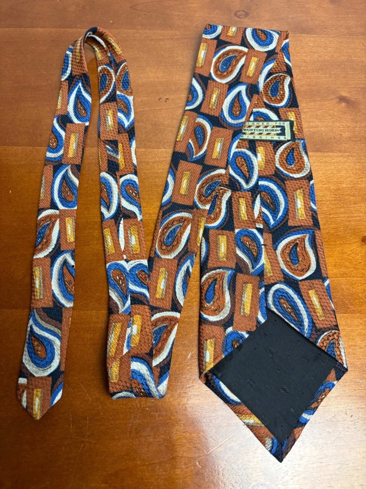 Vintage J. Riggins Hunting Horn Silk Tie Brown Blue Paisley Geometric – photo 8