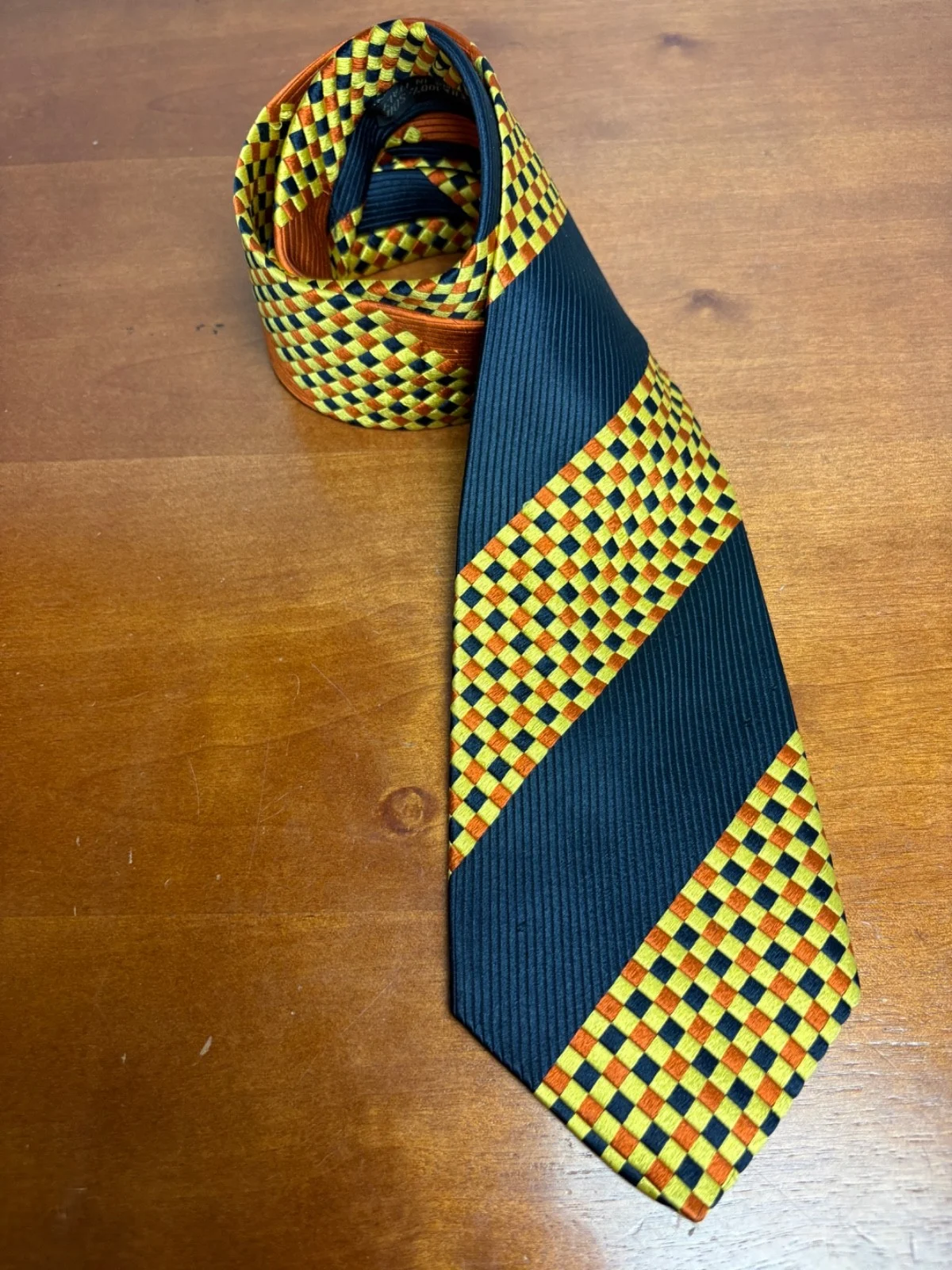 Santostefano Italy Silk Tie Mens Navy Blue Yellow Orange Geometric Check Stripe