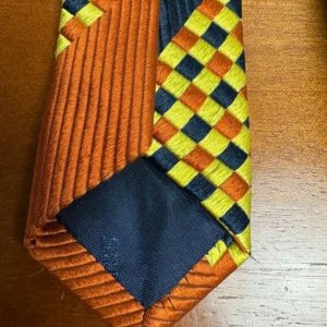 Santostefano Italy Silk Tie Mens Navy Blue Yellow Orange Geometric Check Stripe – photo 11