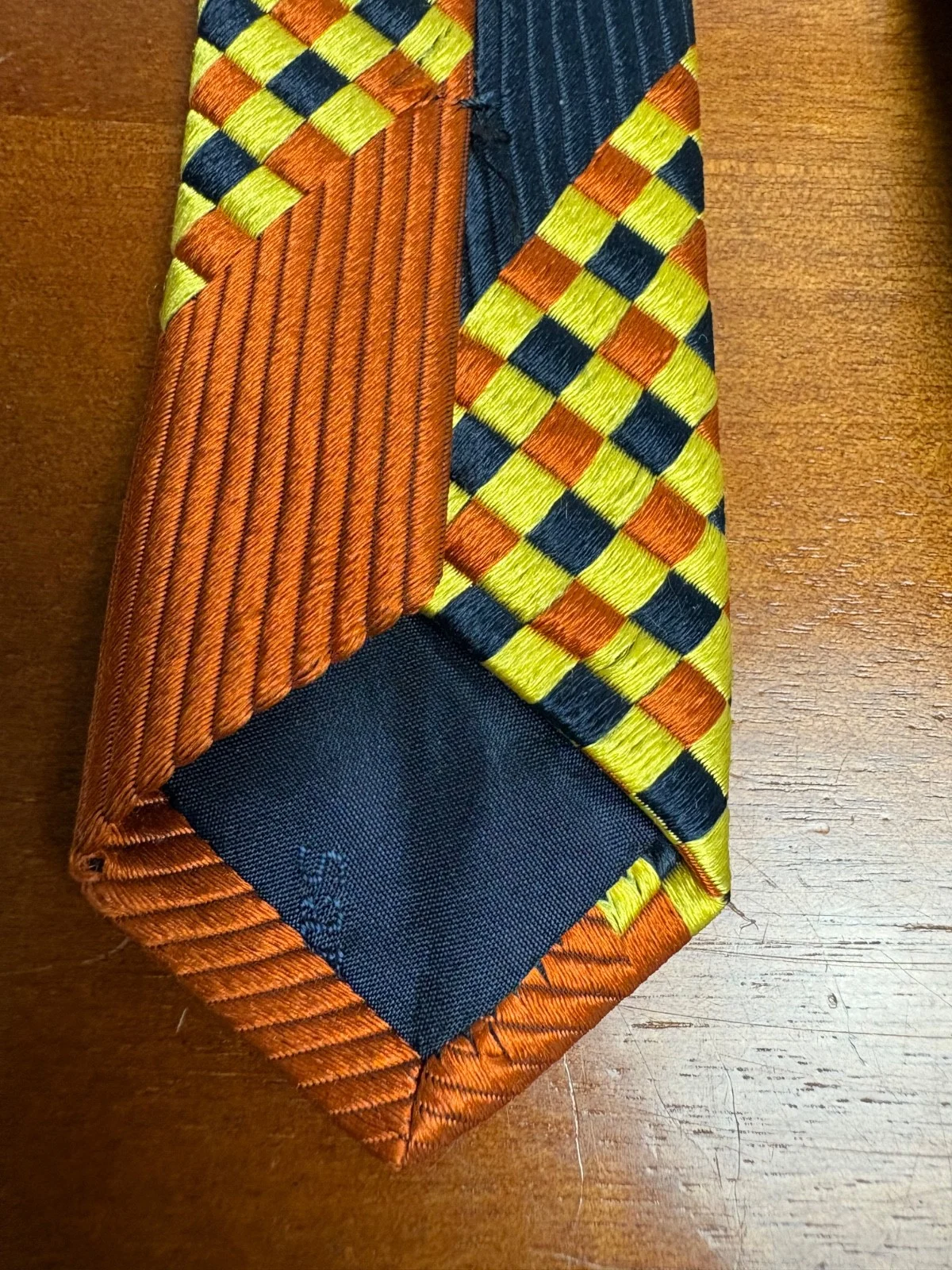 Santostefano Italy Silk Tie Mens Navy Blue Yellow Orange Geometric Check Stripe – photo 11