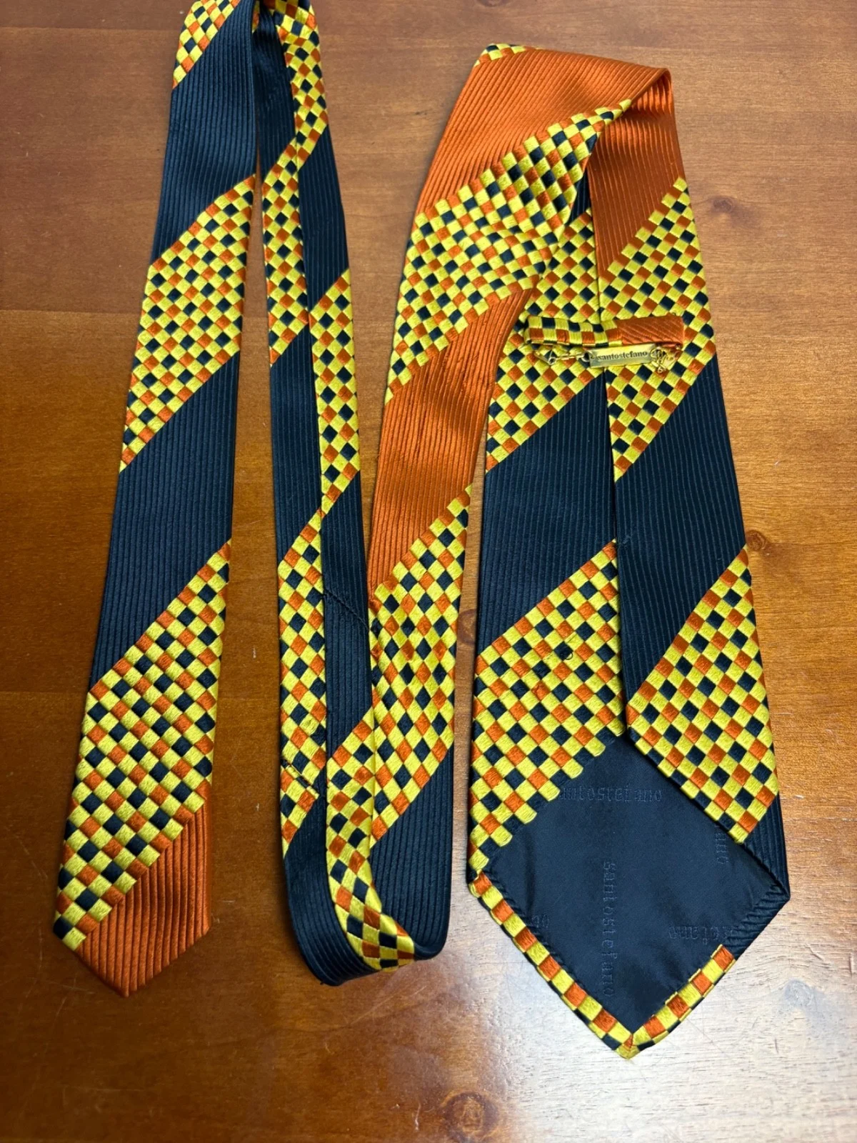 Santostefano Italy Silk Tie Mens Navy Blue Yellow Orange Geometric Check Stripe – photo 12