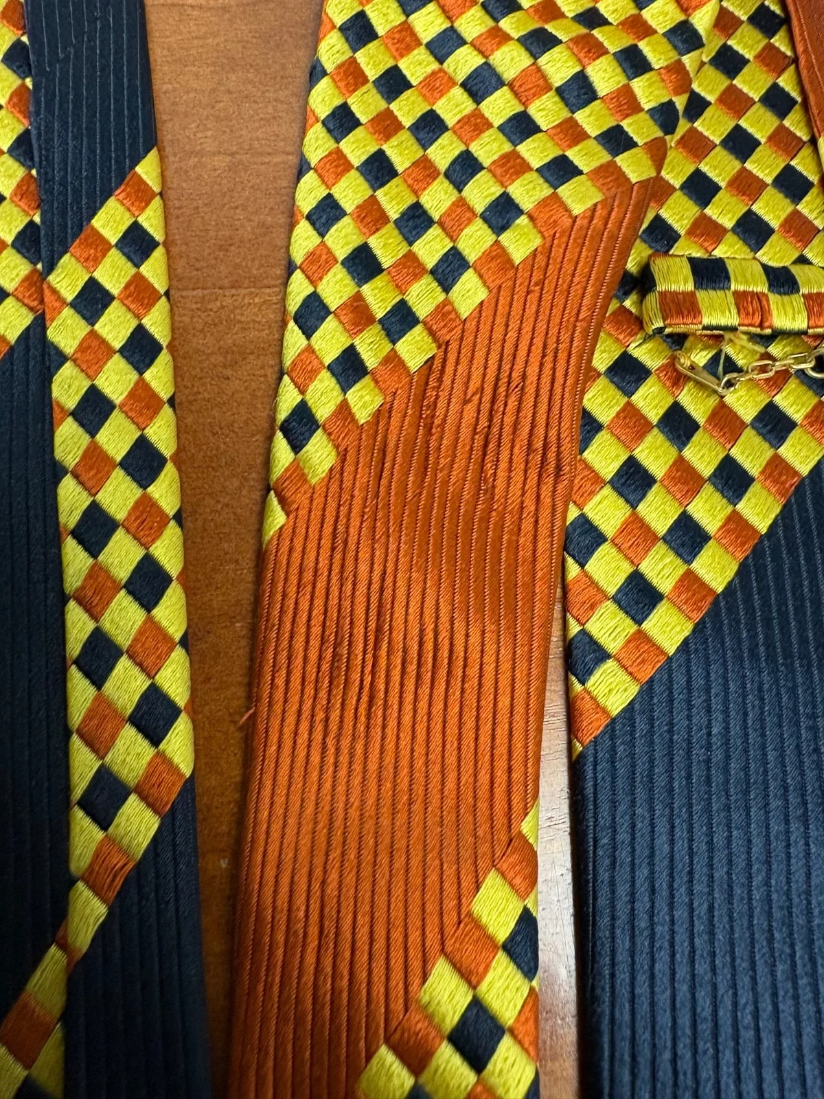 Santostefano Italy Silk Tie Mens Navy Blue Yellow Orange Geometric Check Stripe – photo 13