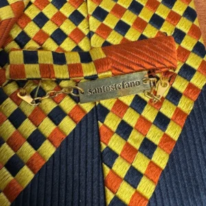 Santostefano Italy Silk Tie Mens Navy Blue Yellow Orange Geometric Check Stripe – photo 14