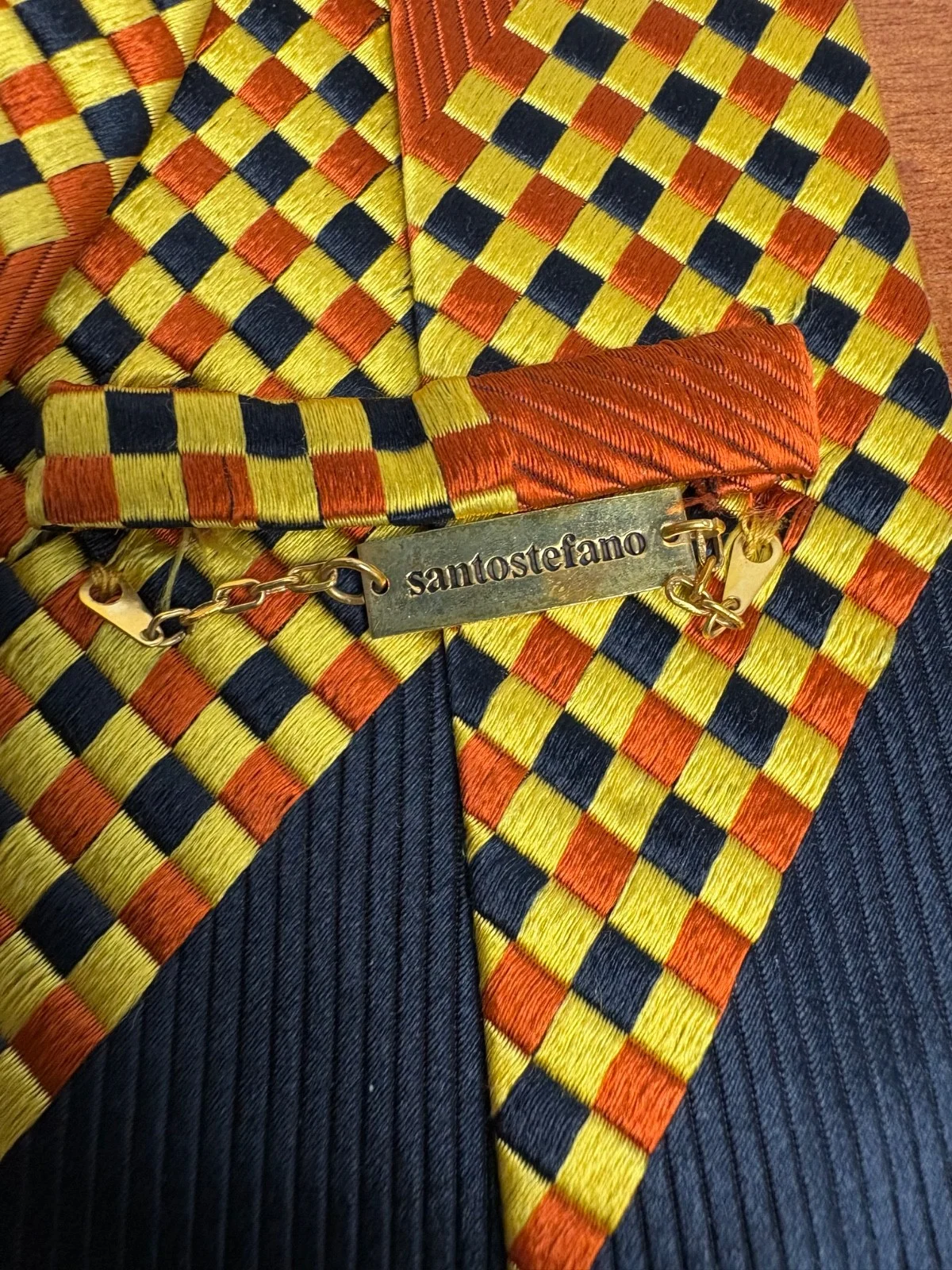 Santostefano Italy Silk Tie Mens Navy Blue Yellow Orange Geometric Check Stripe – photo 14