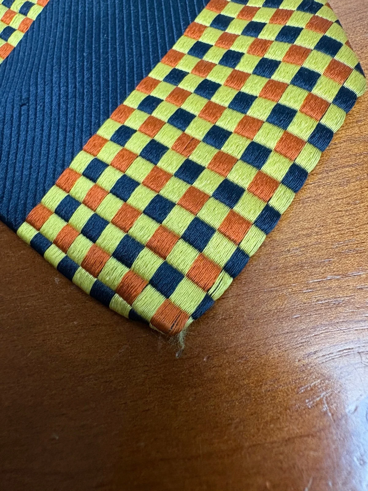 Santostefano Italy Silk Tie Mens Navy Blue Yellow Orange Geometric Check Stripe – photo 3