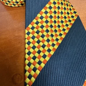 Santostefano Italy Silk Tie Mens Navy Blue Yellow Orange Geometric Check Stripe – photo 4