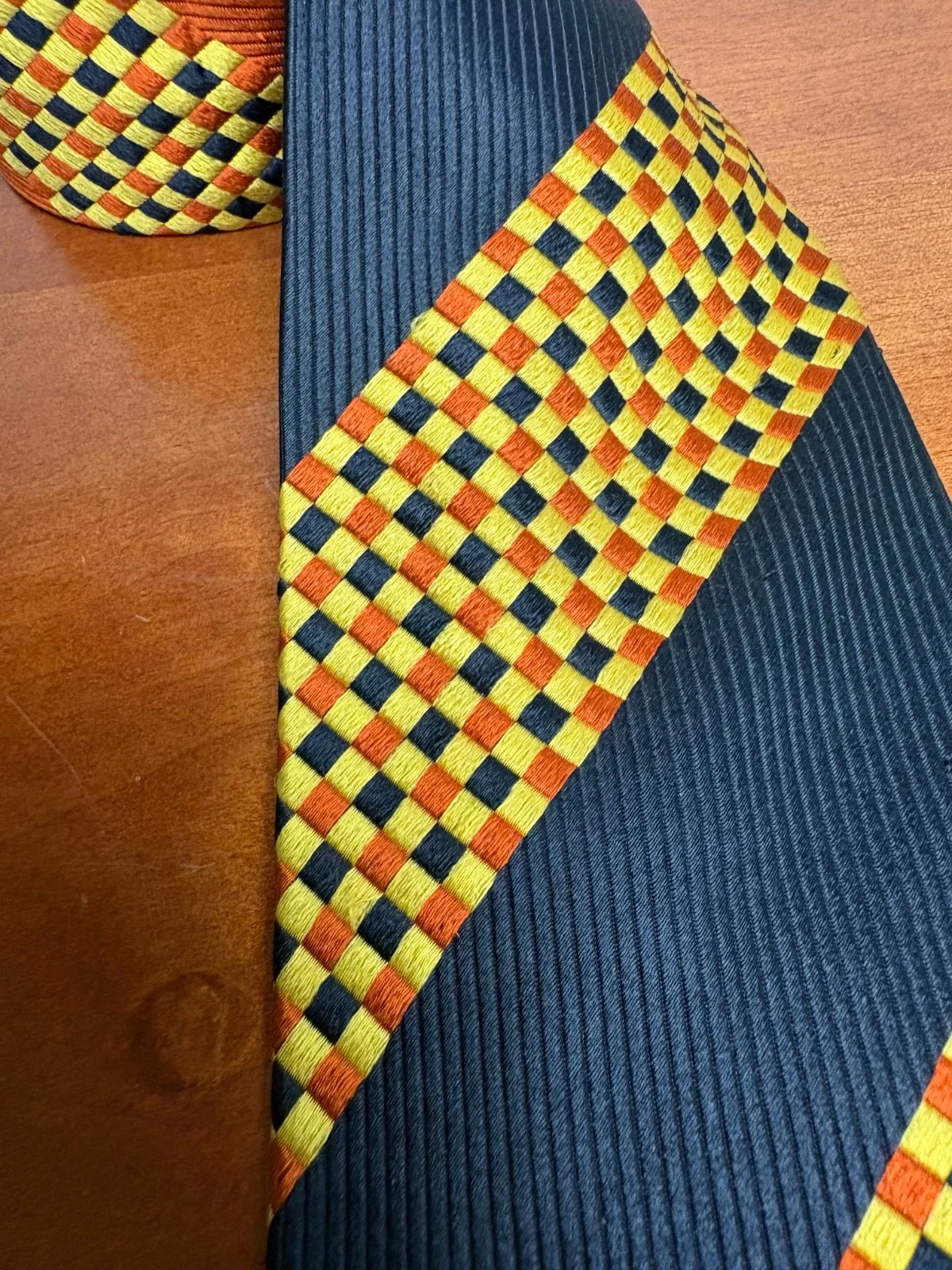 Santostefano Italy Silk Tie Mens Navy Blue Yellow Orange Geometric Check Stripe – photo 4