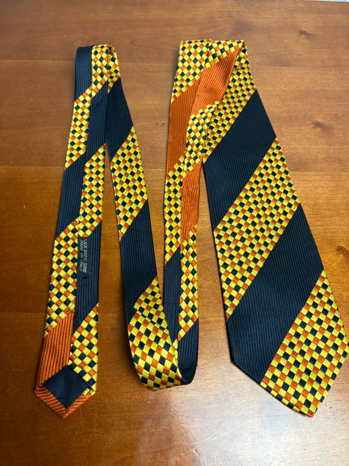 Santostefano Italy Silk Tie Mens Navy Blue Yellow Orange Geometric Check Stripe – photo 6