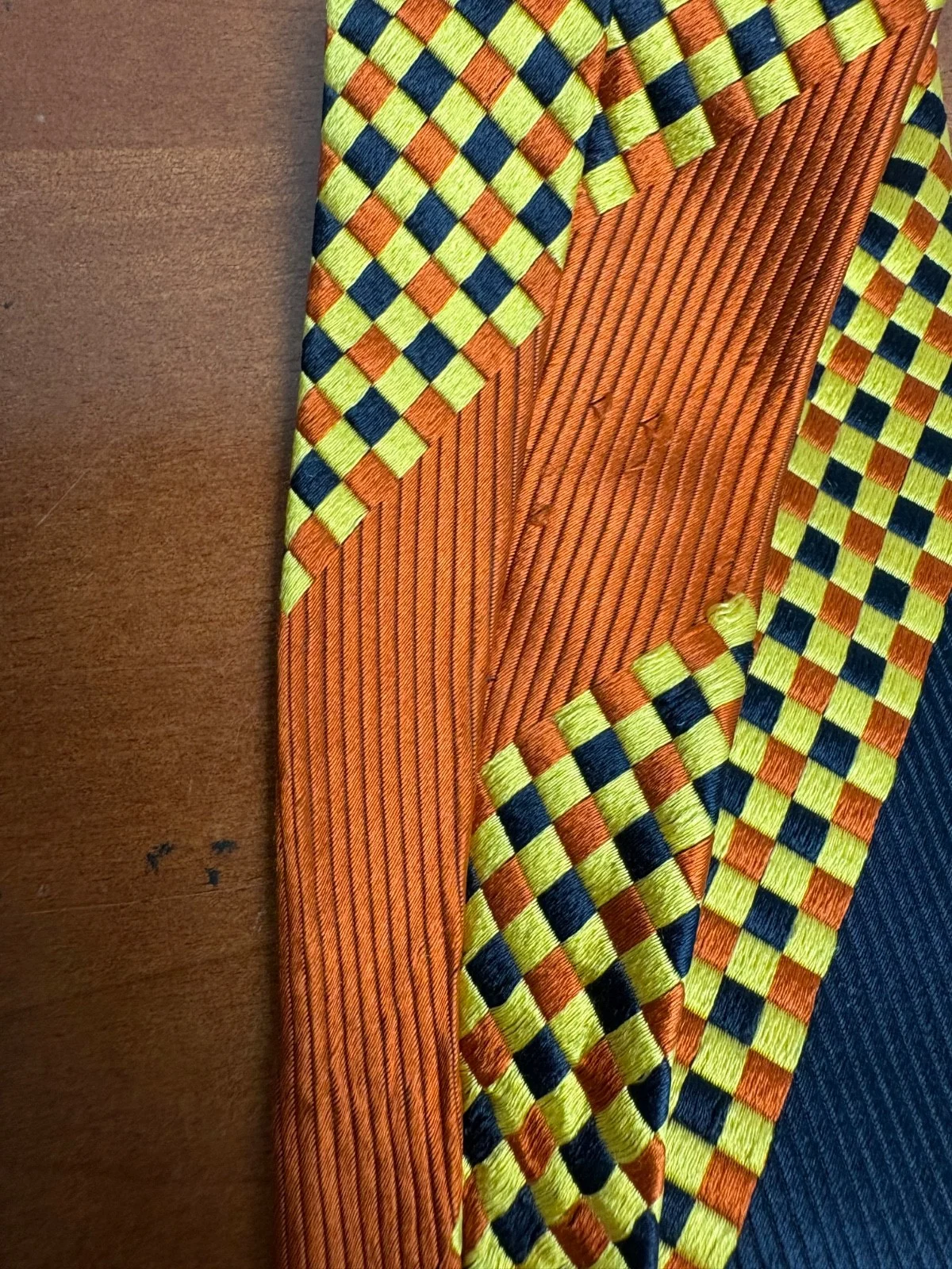 Santostefano Italy Silk Tie Mens Navy Blue Yellow Orange Geometric Check Stripe – photo 7