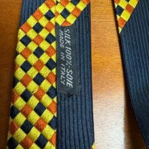 Santostefano Italy Silk Tie Mens Navy Blue Yellow Orange Geometric Check Stripe – photo 9