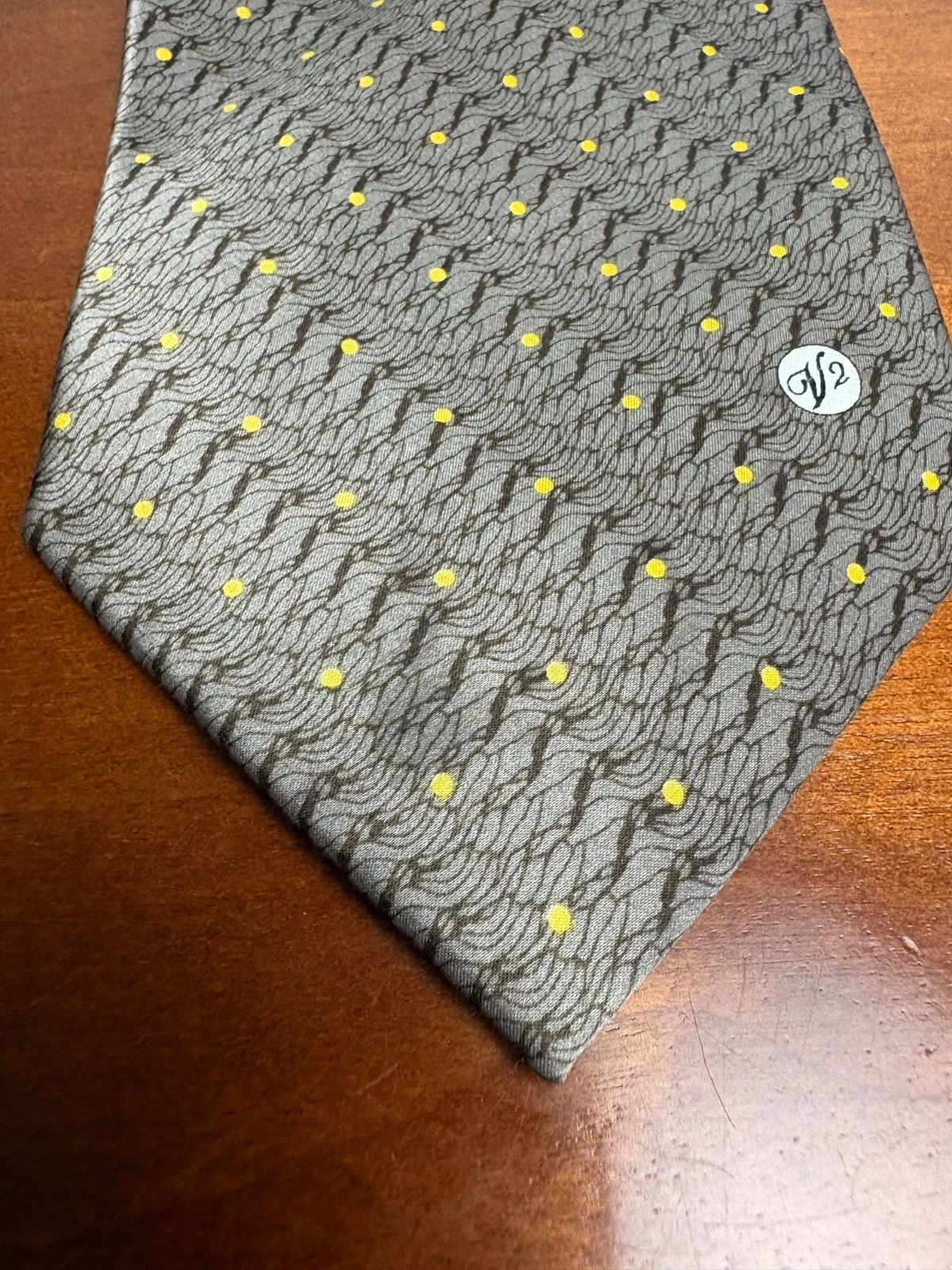 Versace Classic V2 Silk Tie Gray Yellow Polka Dot Medusa Logo Made In Italy – photo 2