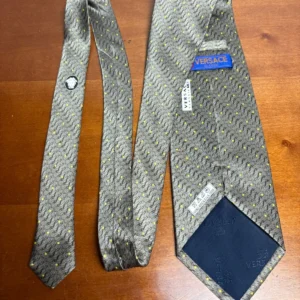 Versace Classic V2 Silk Tie Gray Yellow Polka Dot Medusa Logo Made In Italy – photo 7
